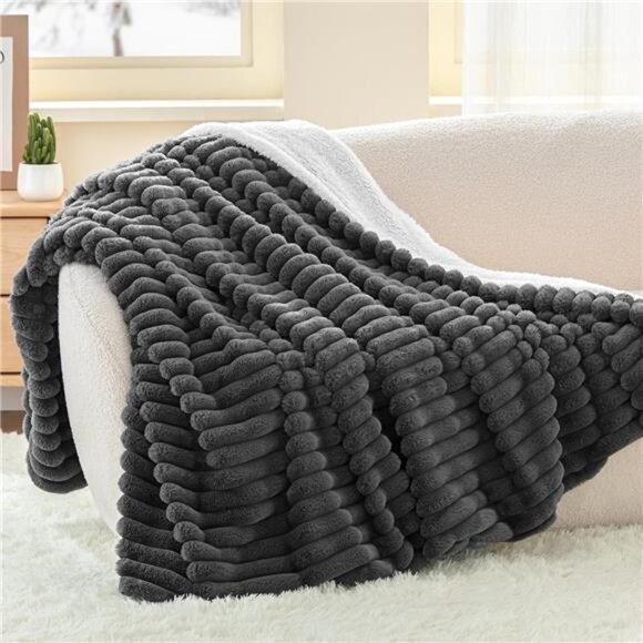 Sherpa Throw Blanket Grey Fleece Plush Cozy Soft Warm Striped Couch Blanket - Picture 1 of 7